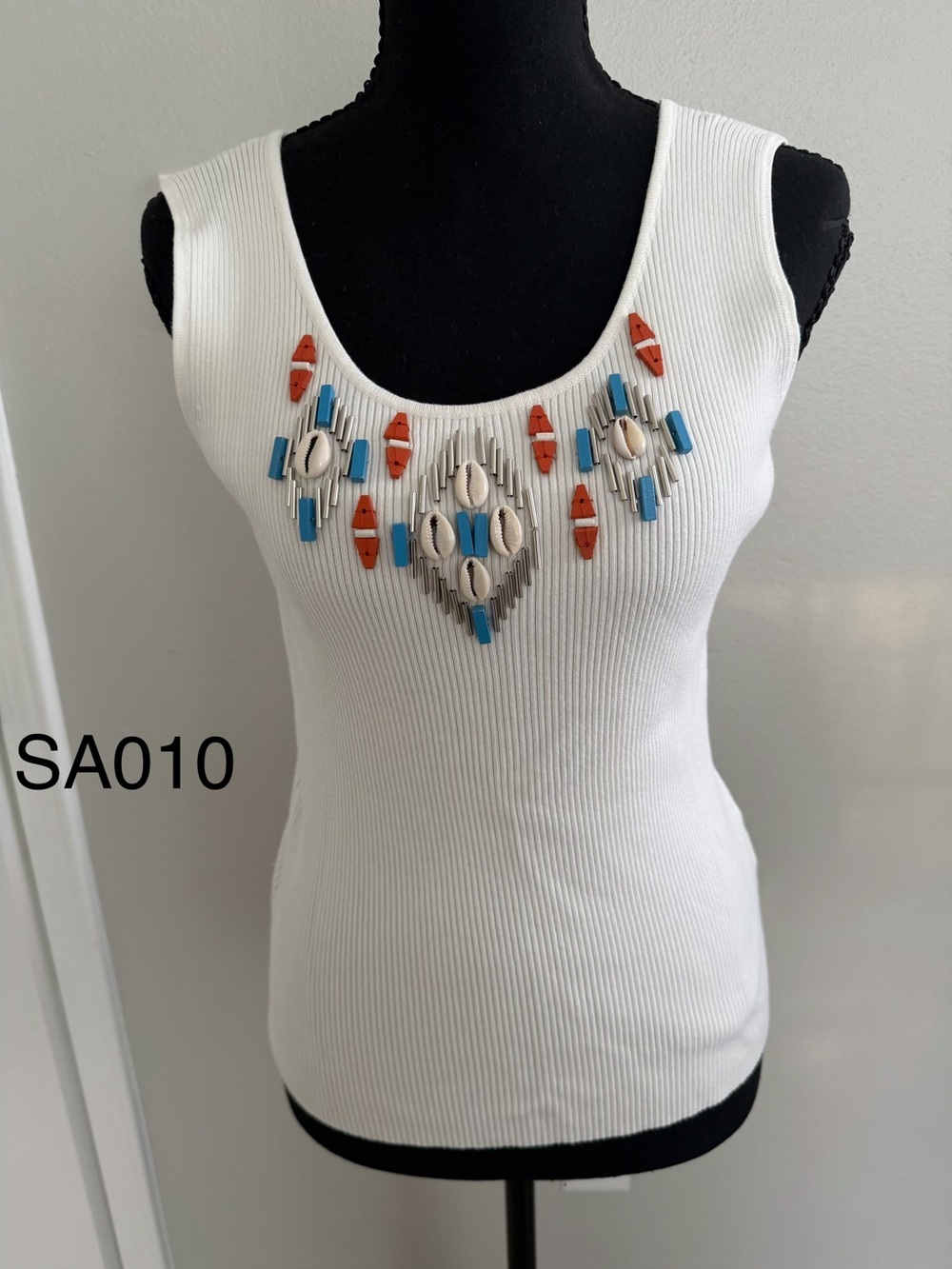 Ruby Rd. White Ribbed Tank with Blue & Orange Bead Embellishment